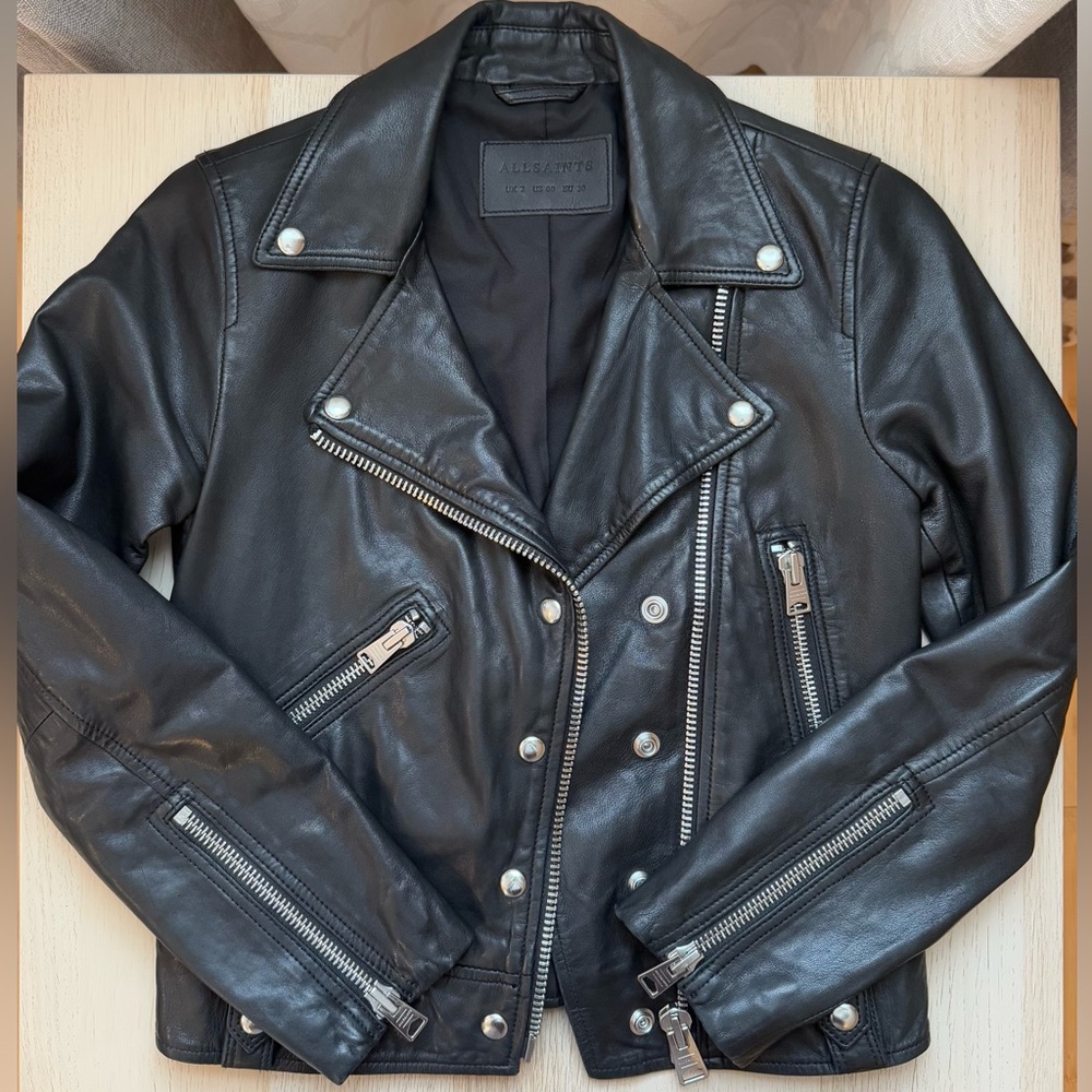AllSaints Black Leather Biker Jacket - Picture 3 of 8